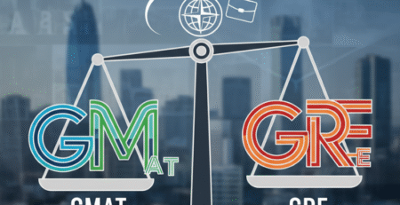 GMAT vs GRE comparison infographic showing test structure, scoring, and difficulty differences